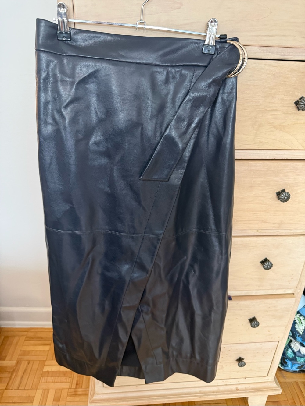 Ted Baker Navy Blue Leather Wrap Midi Skirt